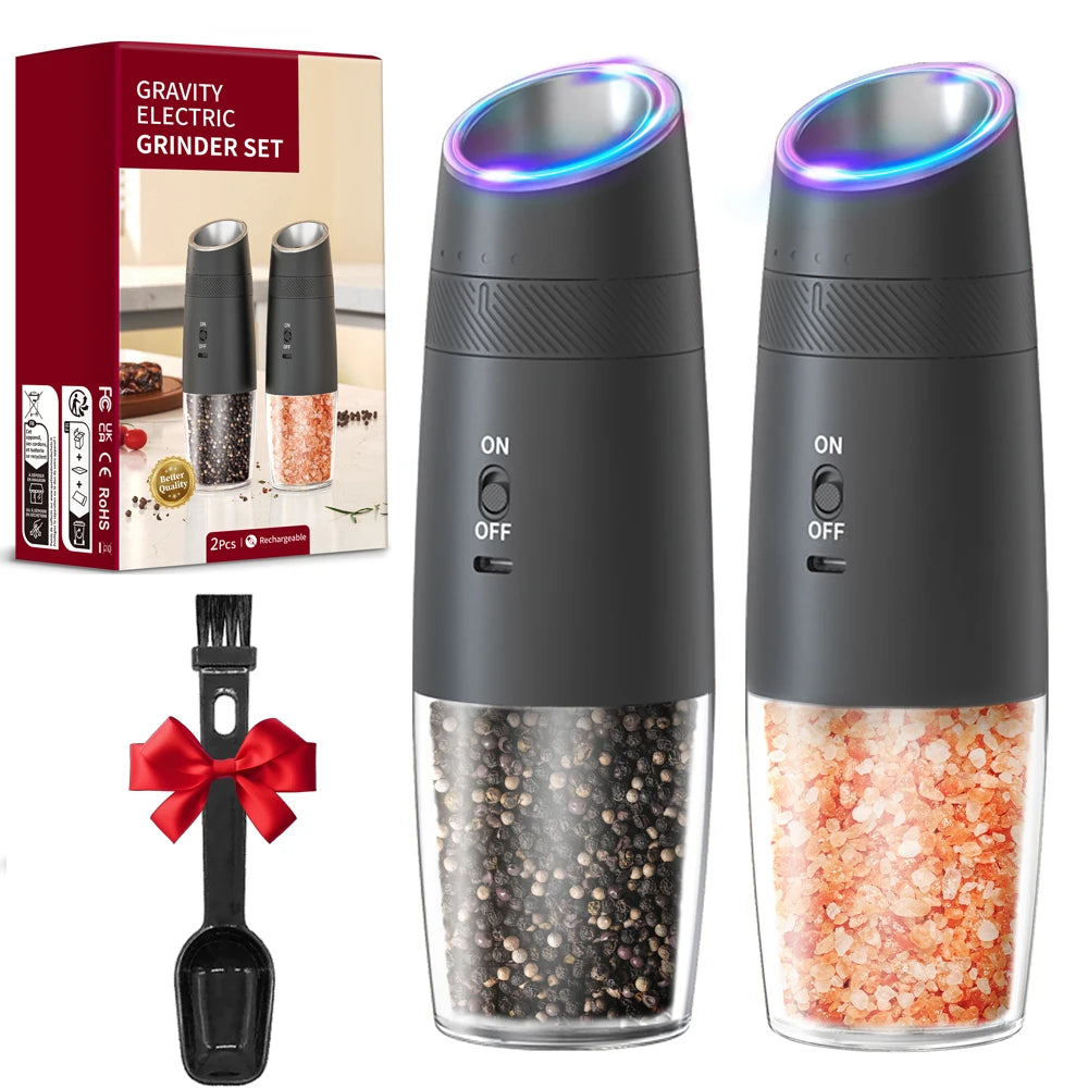 1/2PCS Rechargeable Electric Pepper Grinder External Adjustment with LED Light Gravity Sensing Spice Mills Cordless Kitchen Tool