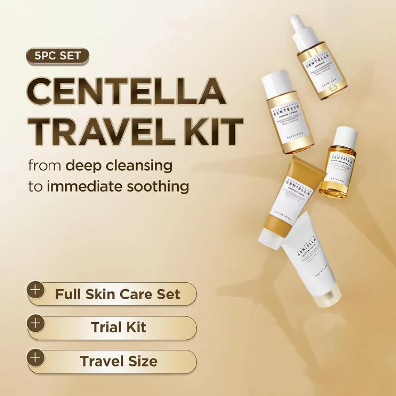 Korean Centella Travel Kit, Toner, Ampoule, Soothing Cream, Cleansing Oil, Ampoule Foam, 5-Piece Basic Daily Skincare Mini Gift Set