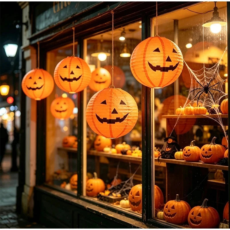 1-10pcs 8 Inch Halloween Pumpkin Paper Lanterns Hanging Folding Haunted House Horror LED 3D Props Holiday Party Ghost Lamp Decor