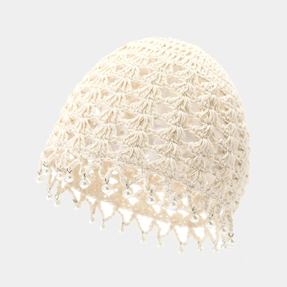 Cute Sweet Crochet Hollow Knitted Hat Bohemian Style Hollow Out Ethnic Style Hat Korean Beads Tassels Weave Cap Outdoor