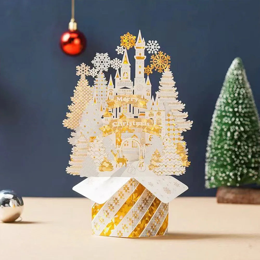 Paper Christmas 3D Greeting Card Gold Plated with Envelope Merry Christmas Blessing Cards Ornaments Craft Paper Carving Postcard