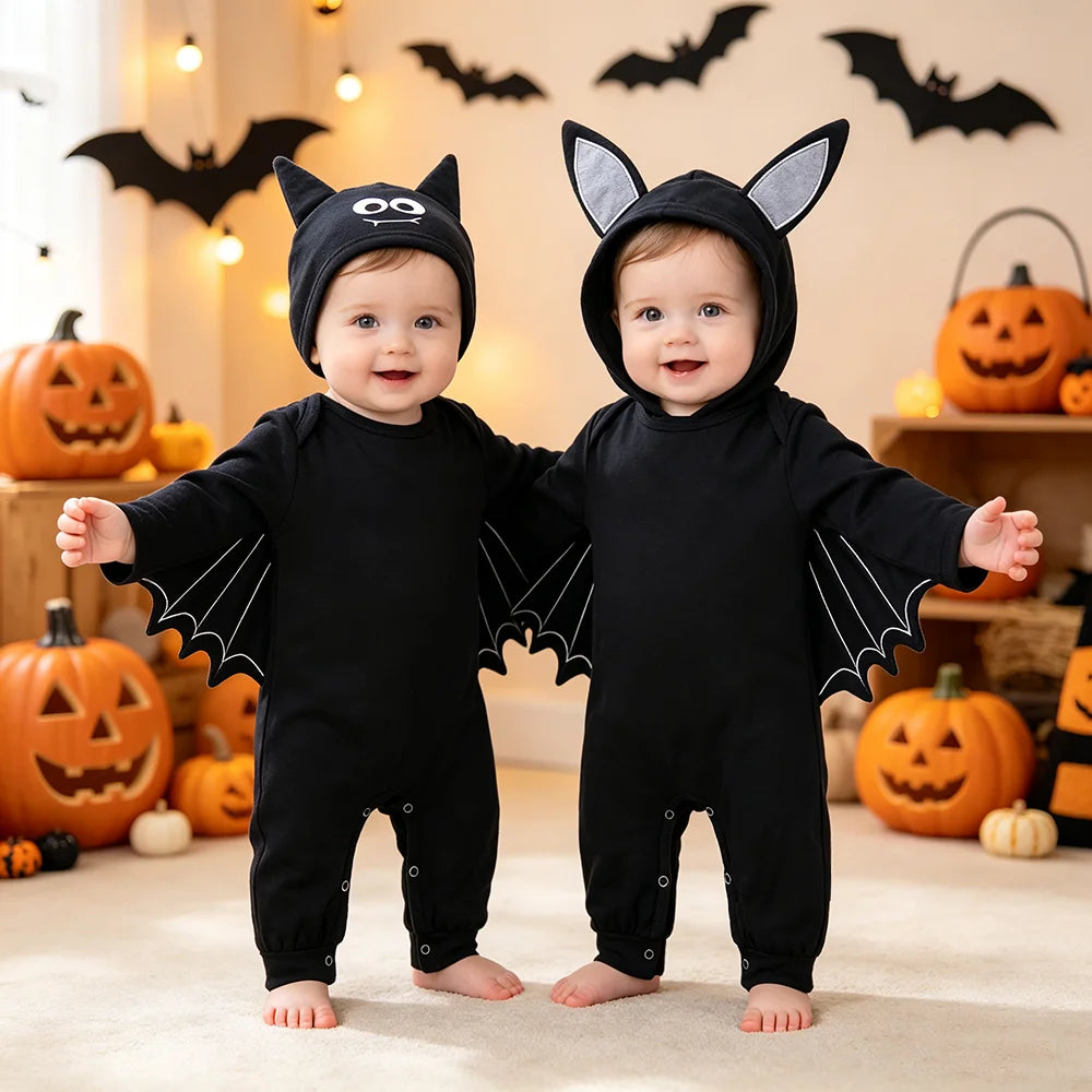 Halloween Baby Clothes Bat Costume Cotton Newborn Rompers Long-Sleeve New Born Outfits Black Jumpsuit with 3D Wings & Eared Hat