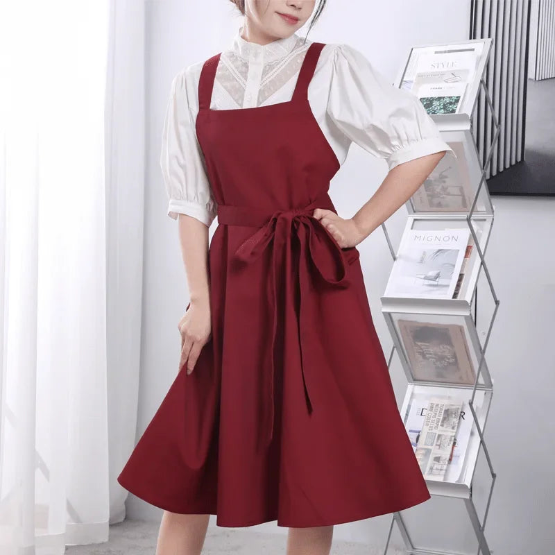 Women Cotton Cross Back Apron With Pockets Gardening Work Pinafore Dress Kitchen Cooking Bib Painting Nail Florist Salon Smock