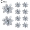 10Pcs Glitter Artificial Christmas Flowers Merry Christmas Tree Decoration Happy New Year Ornaments Xmas Flowers Decor