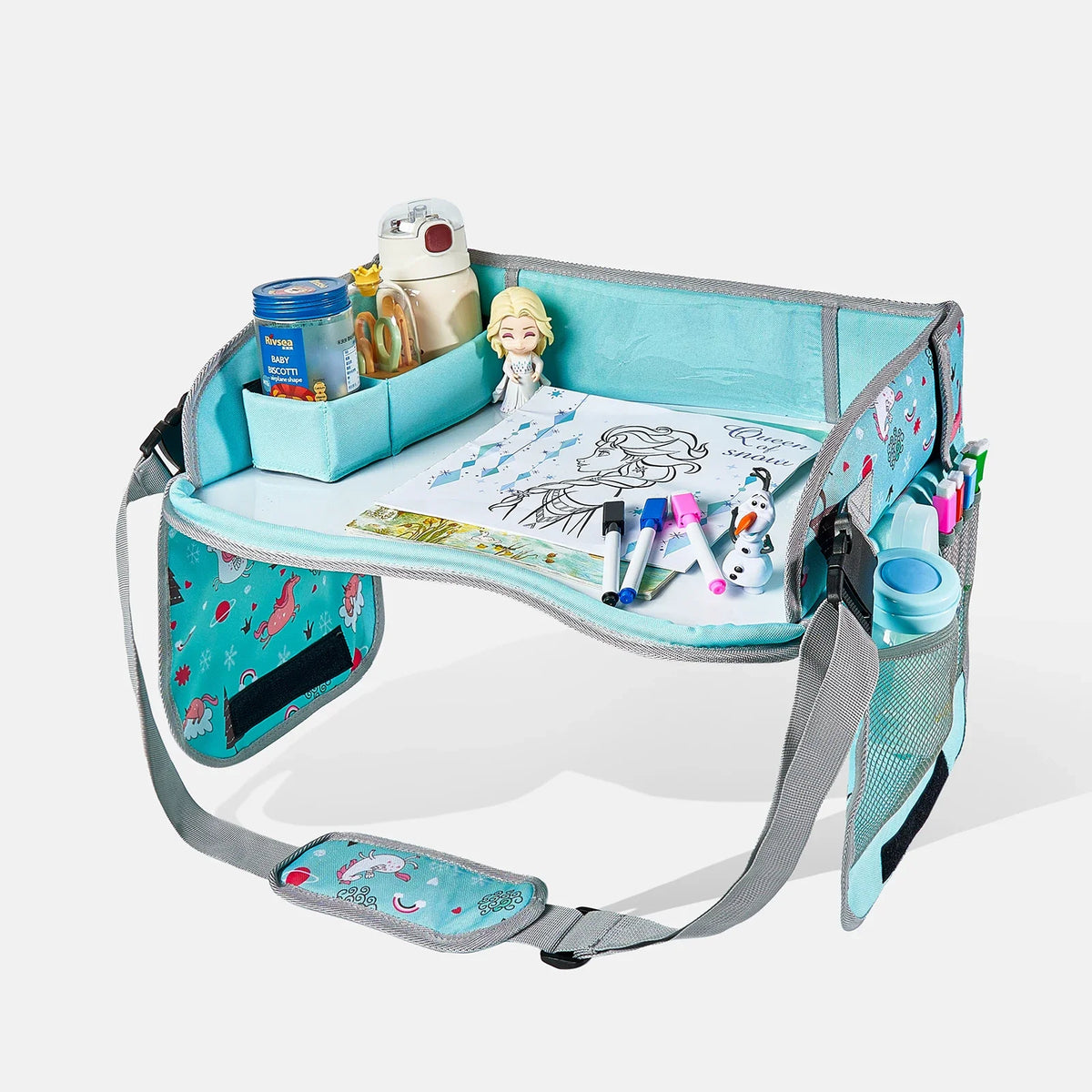 Tavolo da viaggio portatile per seggiolino auto per bambini, vassoio impermeabile per giochi, snack e disegno, organizer con spazio di archiviazione