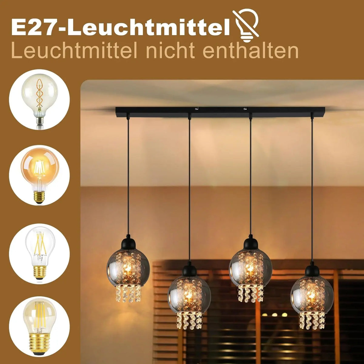 Pendant lamp dining table hanging lamp E27 hanging lamp 4 Flame glass dining room lamp Vintage dining table lamp Smoke gray dining room pendant lamp for living room bedroom kitchen (without illuminant
