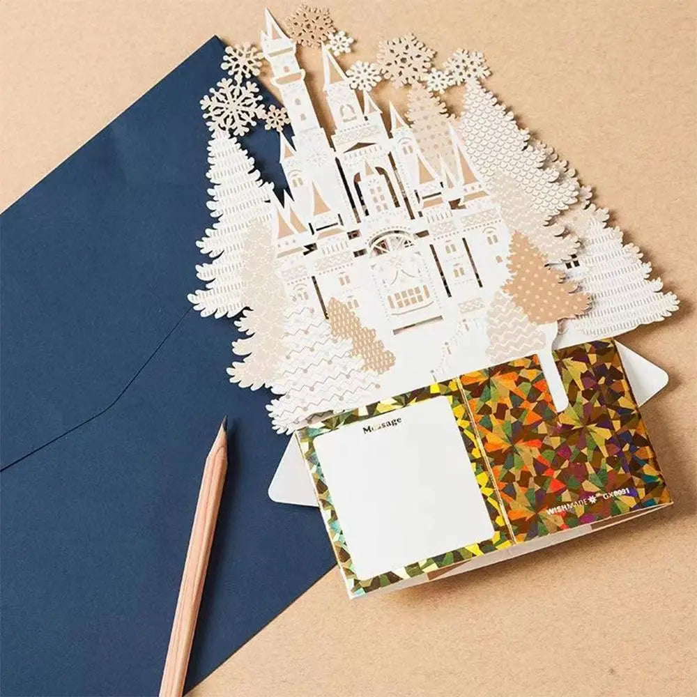 Paper Christmas 3D Greeting Card Gold Plated with Envelope Merry Christmas Blessing Cards Ornaments Craft Paper Carving Postcard