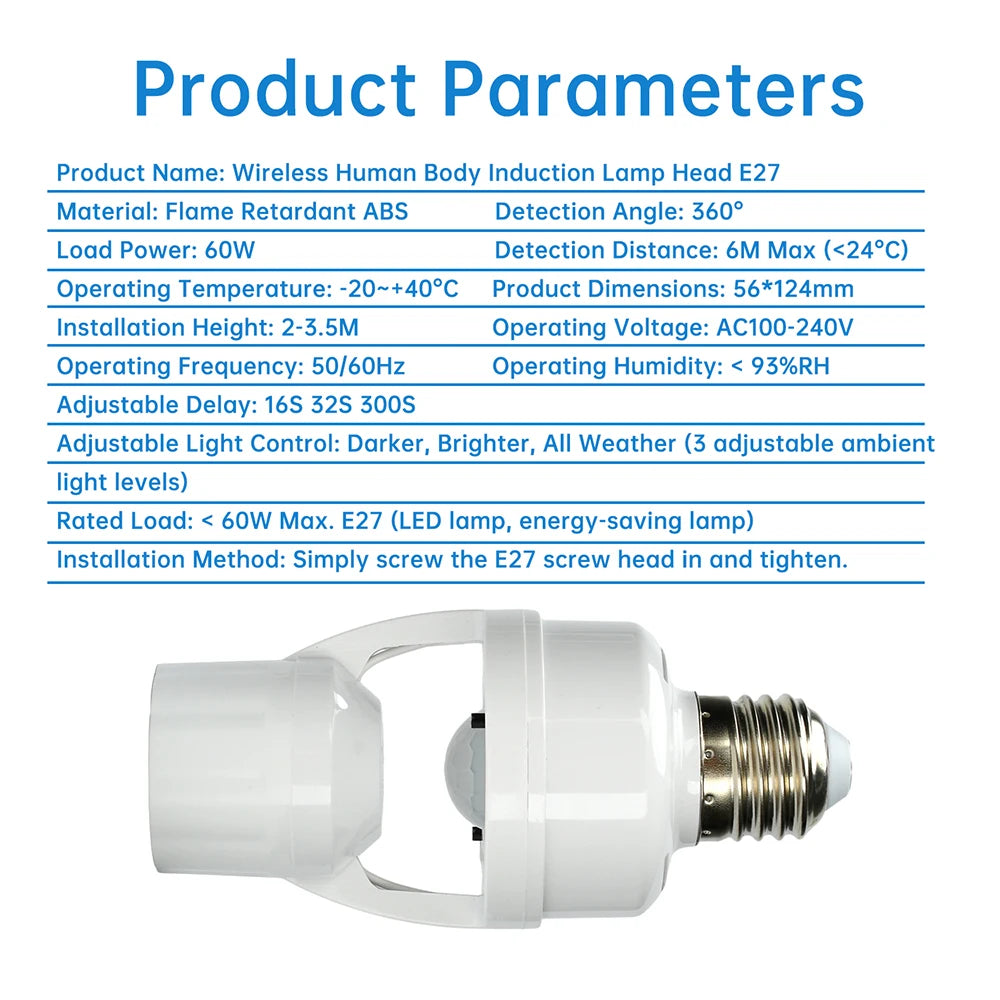 Motion Sensor Led Lamp Base E27 Socket Converter Light Bulb Holder Adapter Switch Adjustable PIR Human Induction Light Accessory