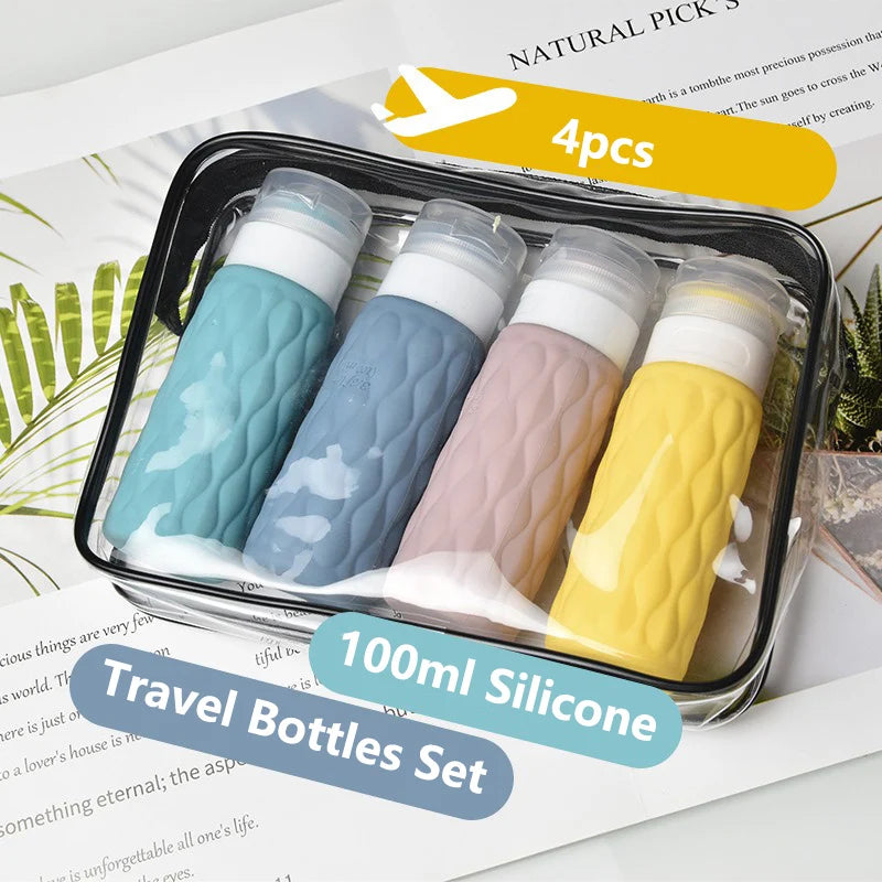 4pcs 100ml Silicone Travel Bottles Set for Toiletries Leak Squeezable for Cosmetic Shampoo Cream Conditioner Lotion Soap