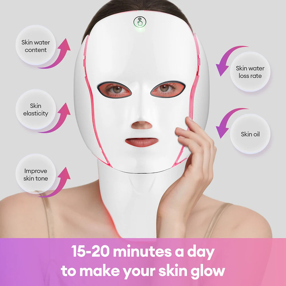 Rechargeable 7 Colors LED Face Neck Photon Mask Red Light Therapy Anti Aging Wrinkle Skin Tightening Lifting Skin Care Mask