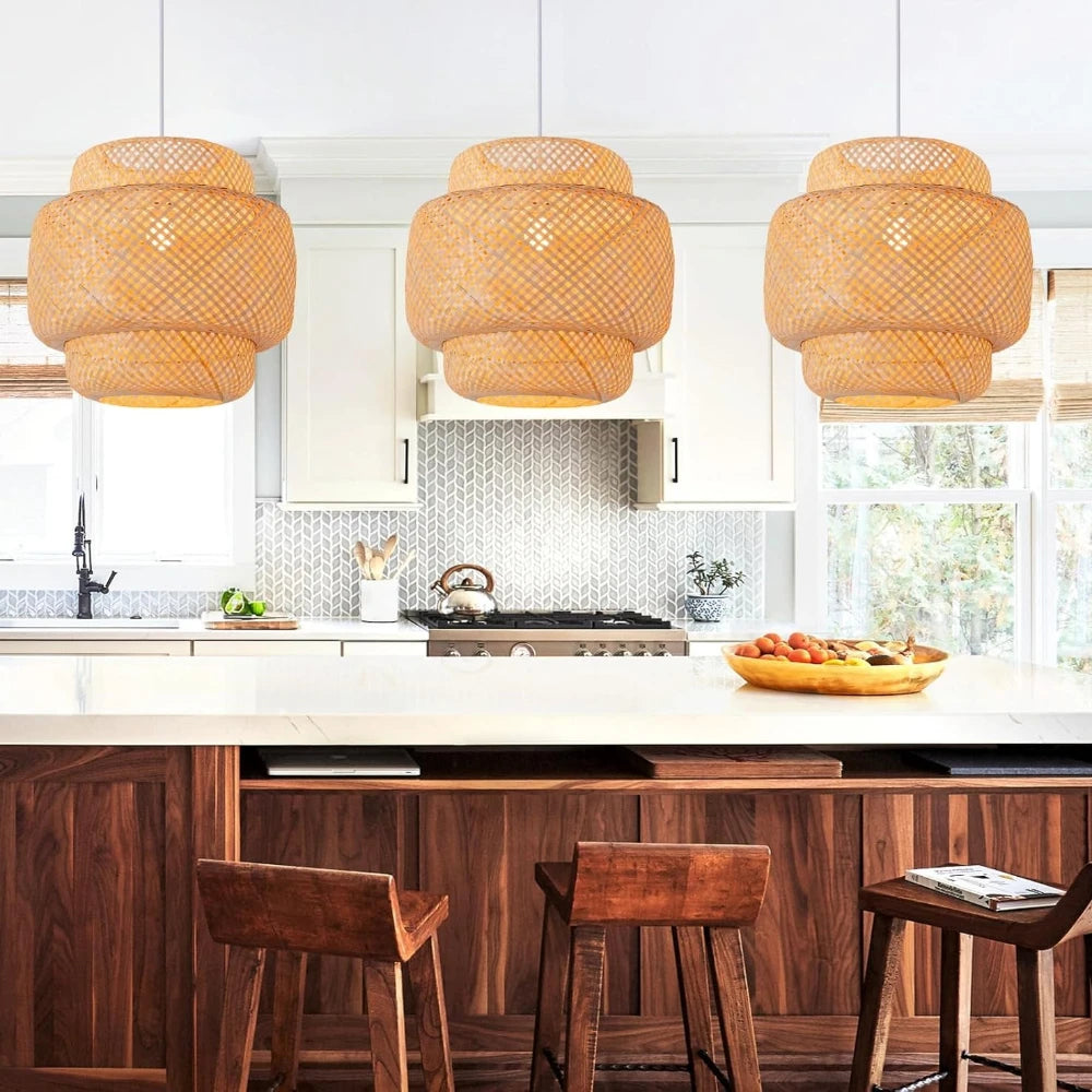 Bamboo Pendant Light 30/40/50CM Hand-Woven Rattan Hanging Lamp Farmhouse Wicker Chandelier for Dining Living Bedroom