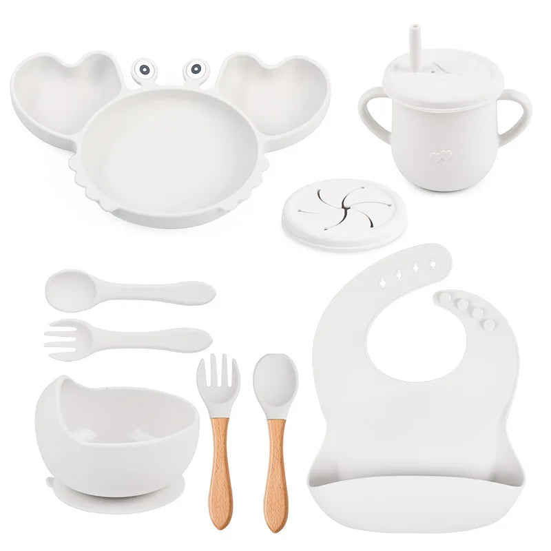 9Pcs Baby Silicone Non-Slip Suction Bowl Plate Spoon Waterproof Bib Cup Set, Baby Crab Dishes, Food Feeding Bowl for Kids, BPA Free