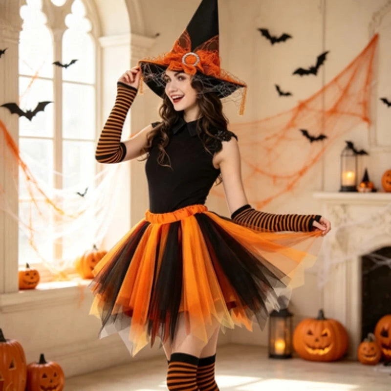 Halloween Witch Costume Set Witch Hat Striped Tights Tutu Skirt Party Fancy Dress Outfit for Holiday Cosplay Dress Up