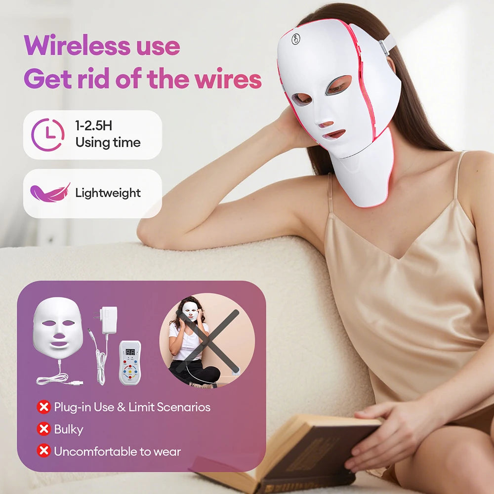 Rechargeable 7 Colors LED Face Neck Photon Mask Red Light Therapy Anti Aging Wrinkle Skin Tightening Lifting Skin Care Mask