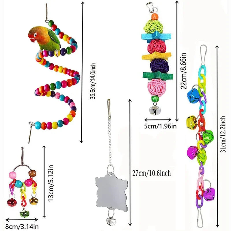7pcs Wood Parrot Toy Pack Bird Cage Accessories Swing Suspension Bridge Ball Cage Bells Pet Supplies Set