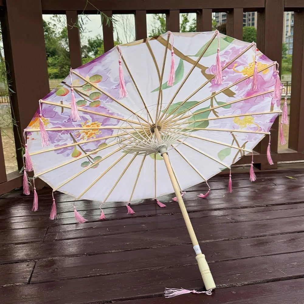 70cm Silk Fabric Tassel Umbrella Handheld Chinese Style Ancient Dance Umbrella Rainproof Decorative Classical Oil Paper Umbrella