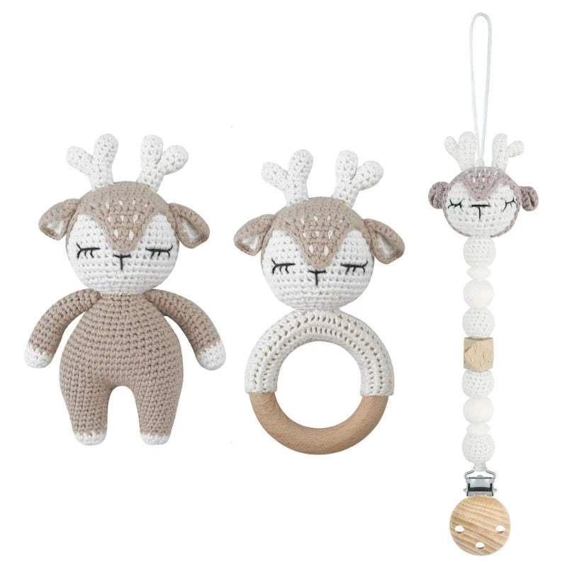Crochet Koala Pacifier Clip, Handbell Rattle, Teether Doll, Pacifier Chain Clip Set, Cartoon Teething Toy