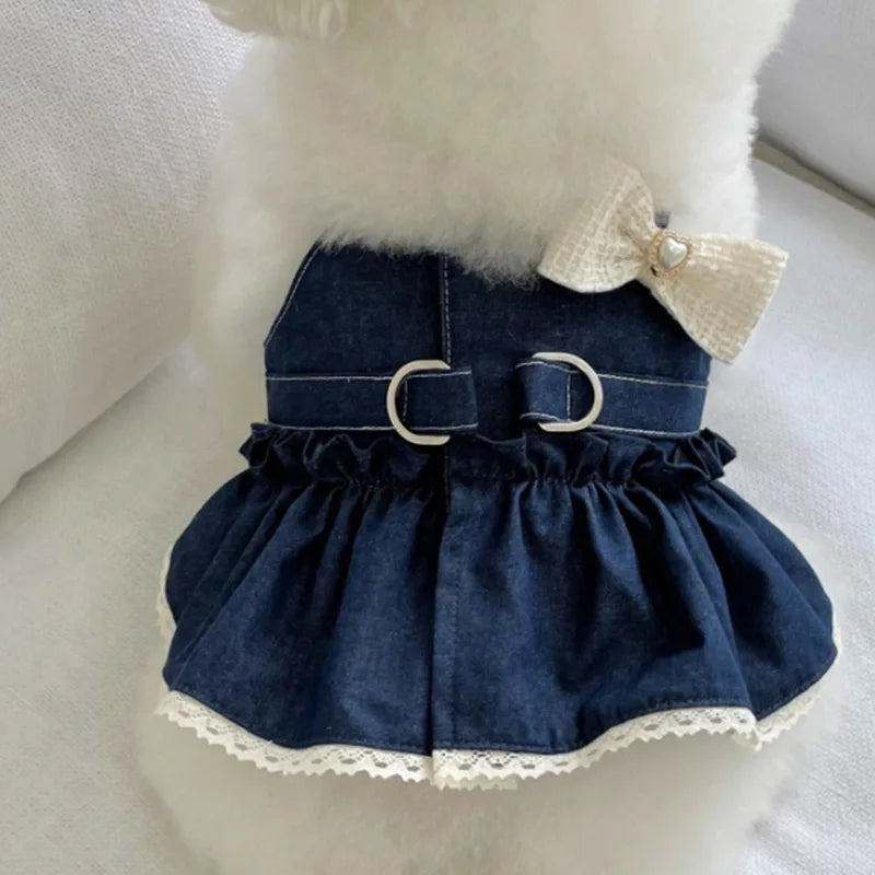Pet Spring Cat Cowboy Vest Walking Out Chest Back Traction Cute Bow Dress Puppy Clothes Dog Clothes for Small Dogs