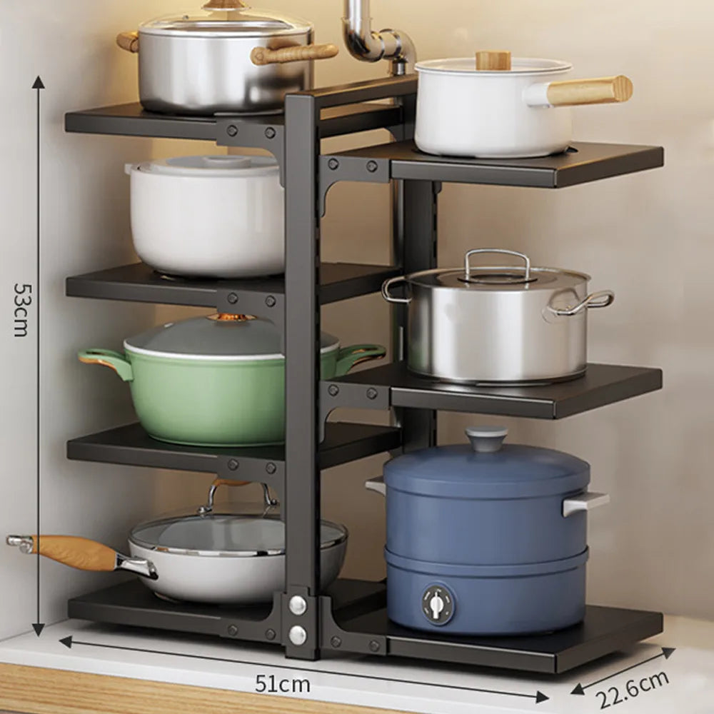 Adjustable Pot Rack Organizer, Kitchen Carbon Steel Pot Storage Rack, Multi-Layer Household Pot and Pan Organizer for Kitchen