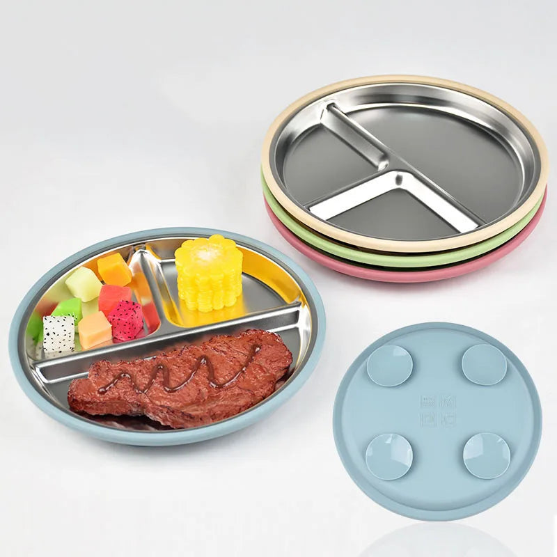 New 1PCS Stainless Steel Plate Detachable Suction Dishes Baby Feeding Sucker Bowl Food Grade Silicone Food Tray Tableware