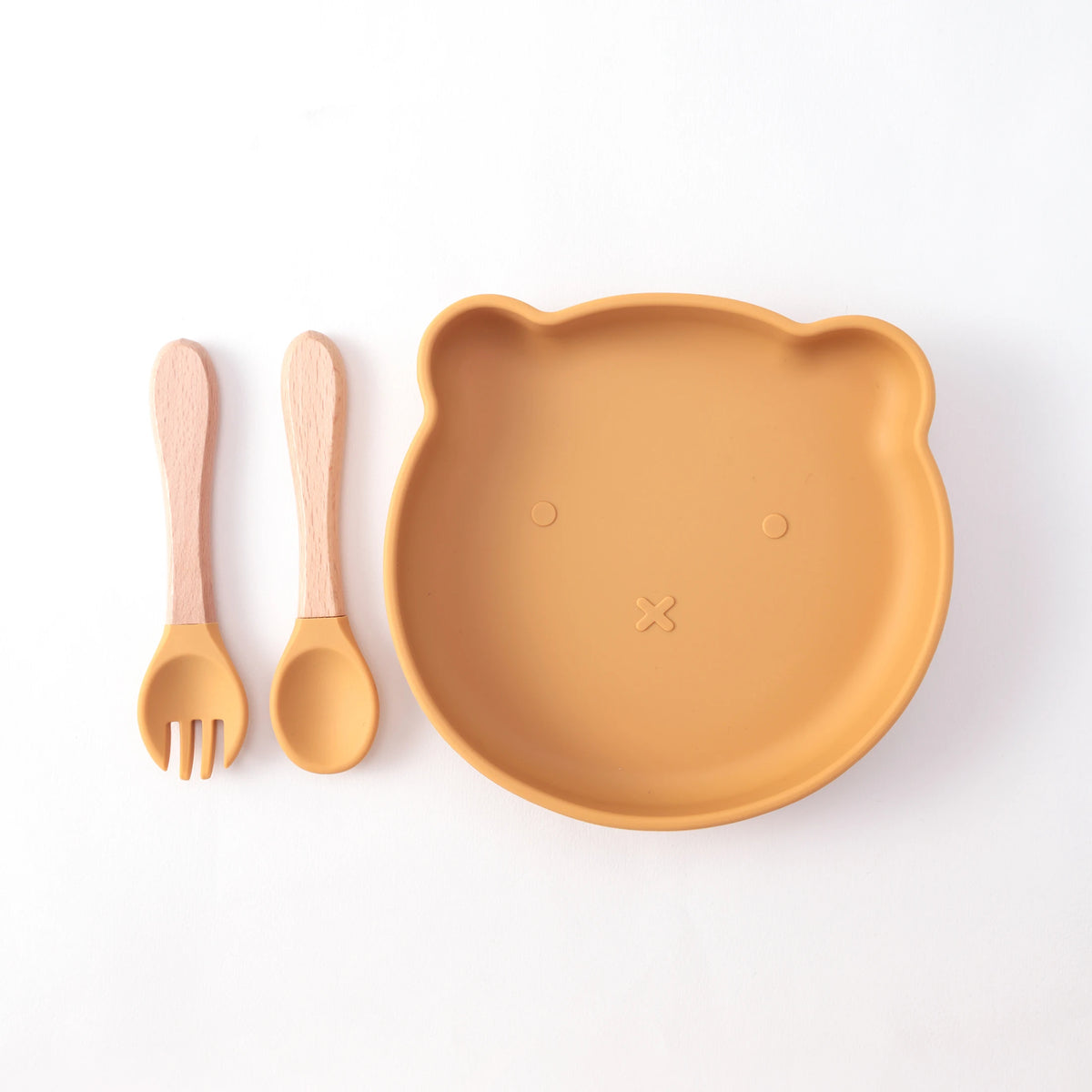 Color Kids 3PCS Cartoon Bear Silicone Feeding Set Sucker Bowl Wooden Handle Spoon Fork BPA Free Infant Self Feeding Gifts