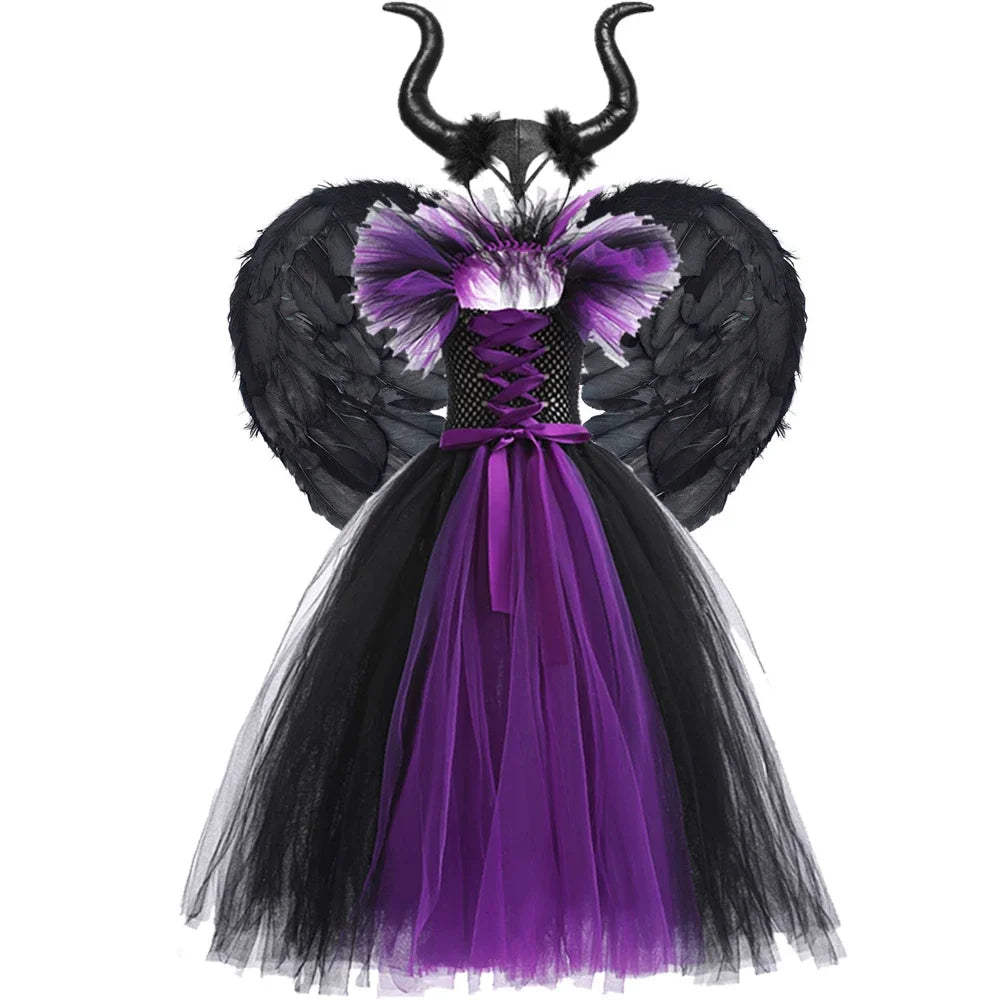 Halloween Costume For Kids Black Purple Witch Dress Luxury Lace Evil Role Playing Costume Maleficent Dress Up Outfit Tulle Dress