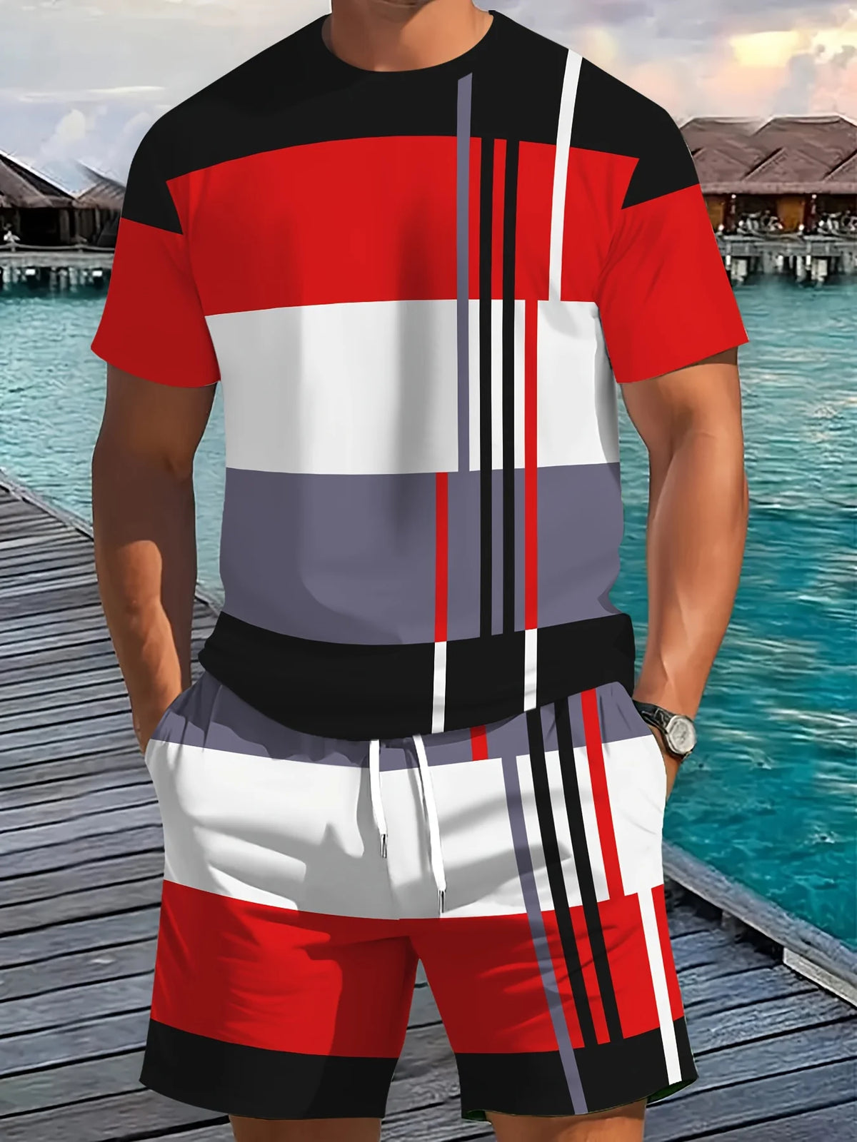 Summer New Arrival Men's Casual Two-Piece Set Striped Print Short-Sleeve Shirt and Athletic Shorts Set Men's Fitness Set