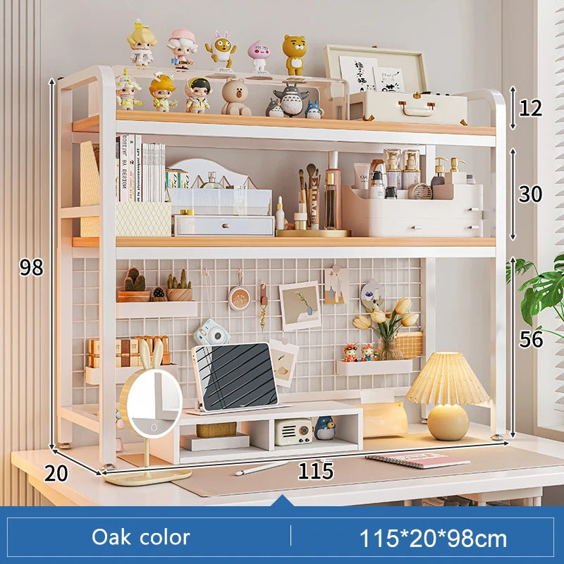 Bookshelf Bookcase With Grid Desktop Multi-layer Wrought Iron Shelf Student Computer Desk Table Hole Board Table Wooden Shelves