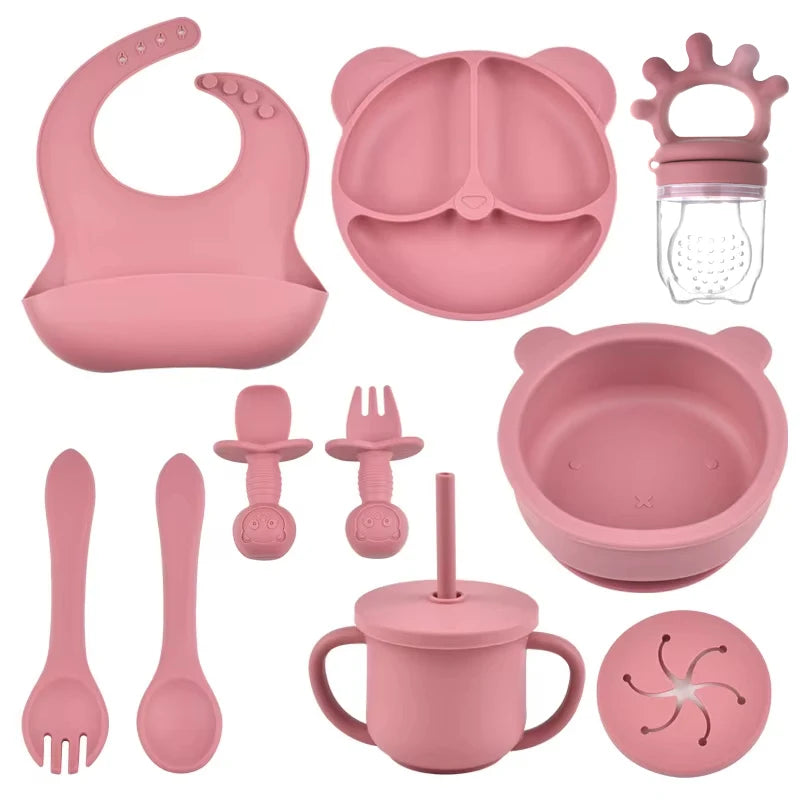 9PCS/Set BPA-Free Silicone Baby Feeding Set: Suction Bowl, Divided Dining Plate, Straw Cup, Spoon, Fork, and Adjustable Bib, Children's Dishware