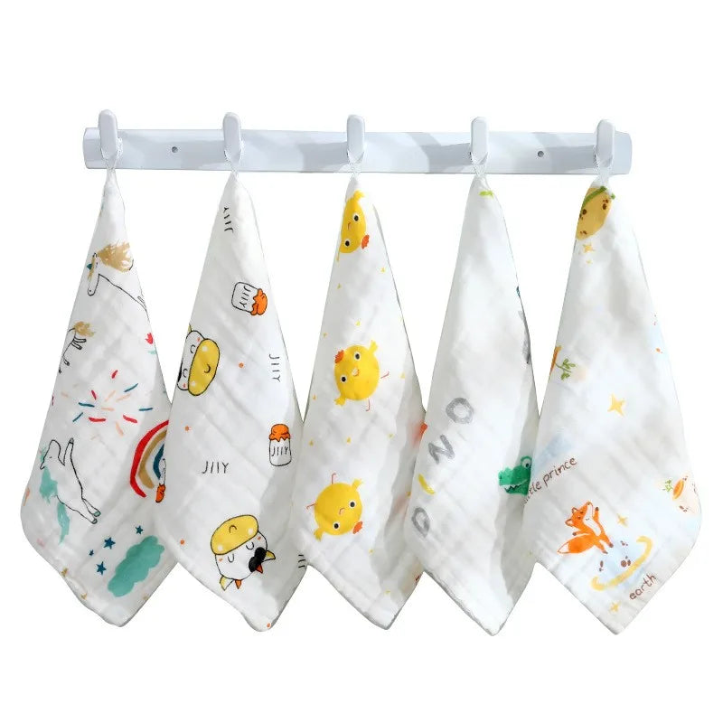 5-Piece 25*25cm Six-Layer Cotton Gauze Baby Face Wash Towel, High-Density Cartoon Handkerchief for Newborns and Kids