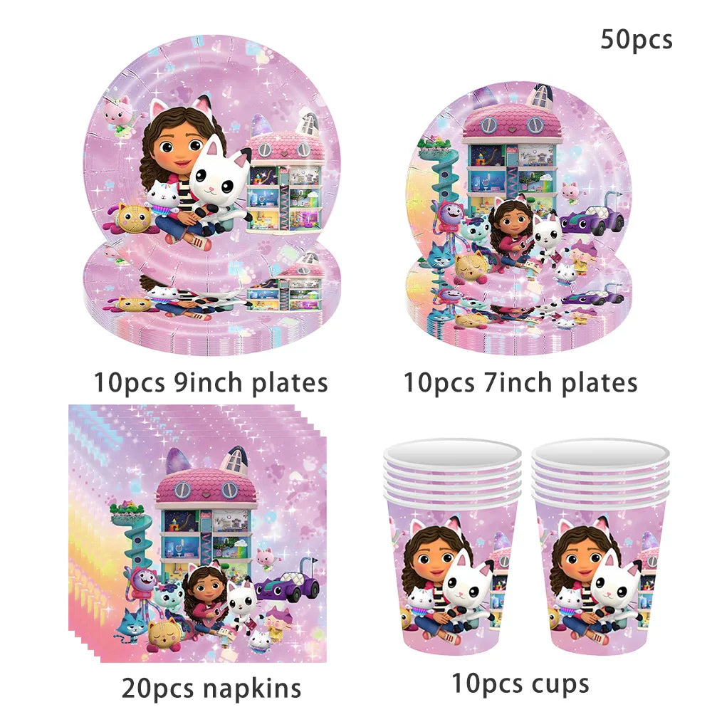 Pink Gabby Dollhouse Birthday Tableware Cat Girls Disposable Plates Cups Napkins Kids Girls Birthday Party Baby Shower Decor