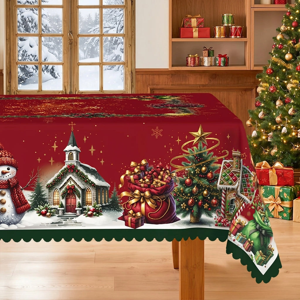 1 piece, Merry Christmas themed party tablecloth, Santa snowman Christmas tree floral design print