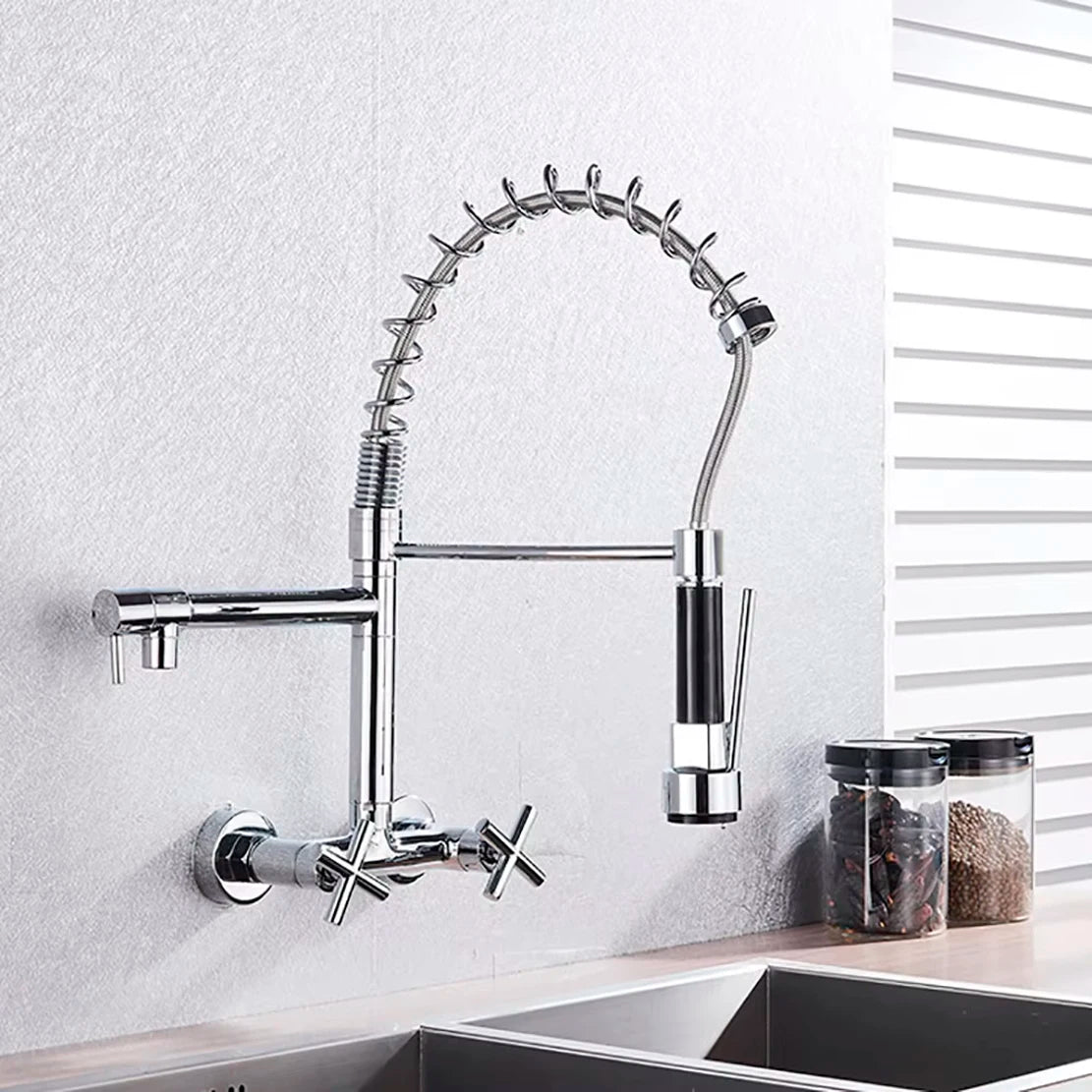 Matte Black Wall Mounted Kitchen Faucet Hot Cold Water Mixer Tap For Kitchen Pull Down Spray 360 Rotation Kitchen Mixer Taps