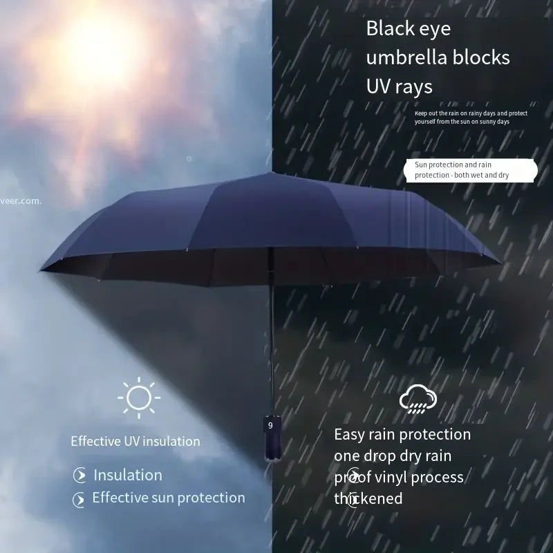 10 bone fully automatic three fold umbrella, rotatable LED flashlight, business wind resistant folding umbrella, sunny umbrella