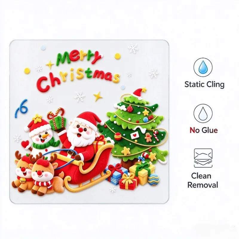 Merry Christmas Static Window Stickers Cartoon Santa Snowflake Glass Decals Reusable No Glue Xmas Home Shop Decor