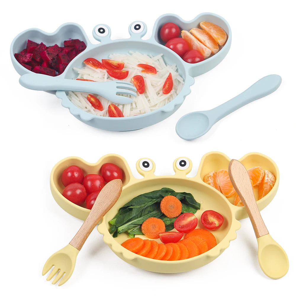 9Pcs Baby Silicone Non-Slip Suction Bowl Plate Spoon Waterproof Bib Cup Set, Baby Crab Dishes, Food Feeding Bowl for Kids, BPA Free