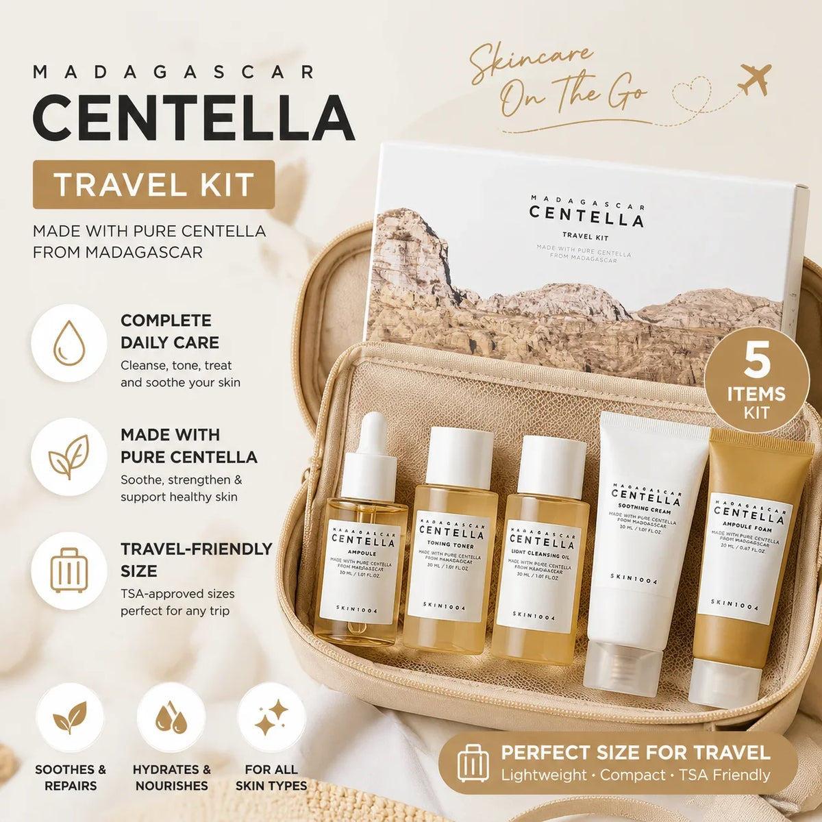 Korean Centella Travel Kit, Toner, Ampoule, Soothing Cream, Cleansing Oil, Ampoule Foam, 5-Piece Basic Daily Skincare Mini Gift Set