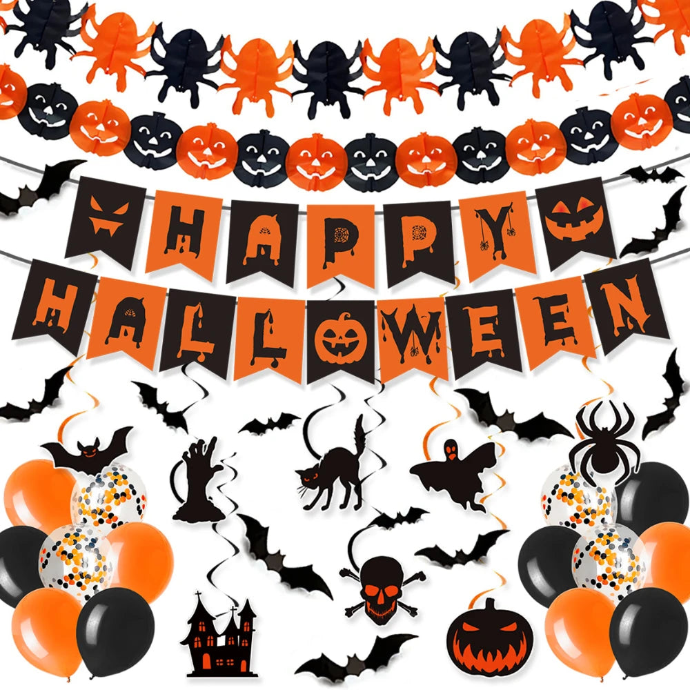Halloween Decorations, Party Supplies Set Includes Happy Halloween Banner Skeleton-Themed Bunting Garland Wall Stickers Party